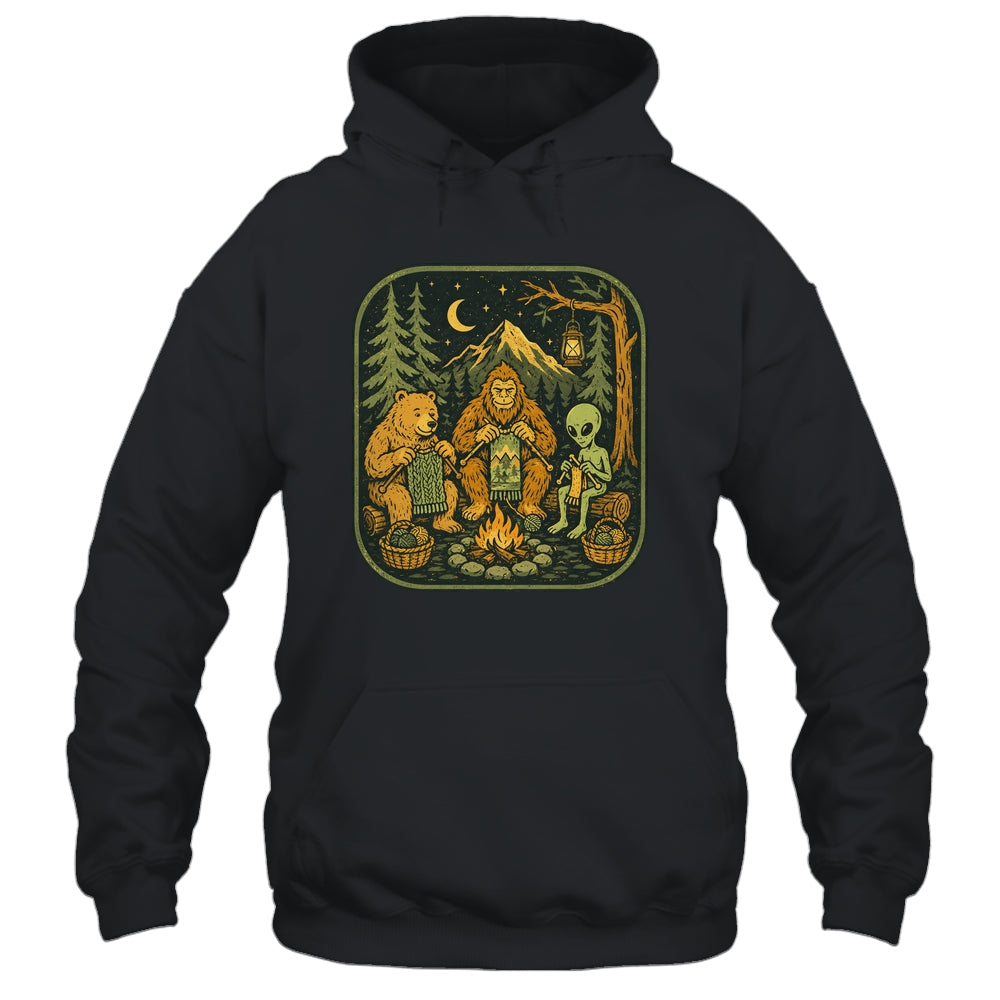 Campfire Knitting Friends Camping Retro Bigfoot Alien Bear Shirt & Hoodie | teecentury