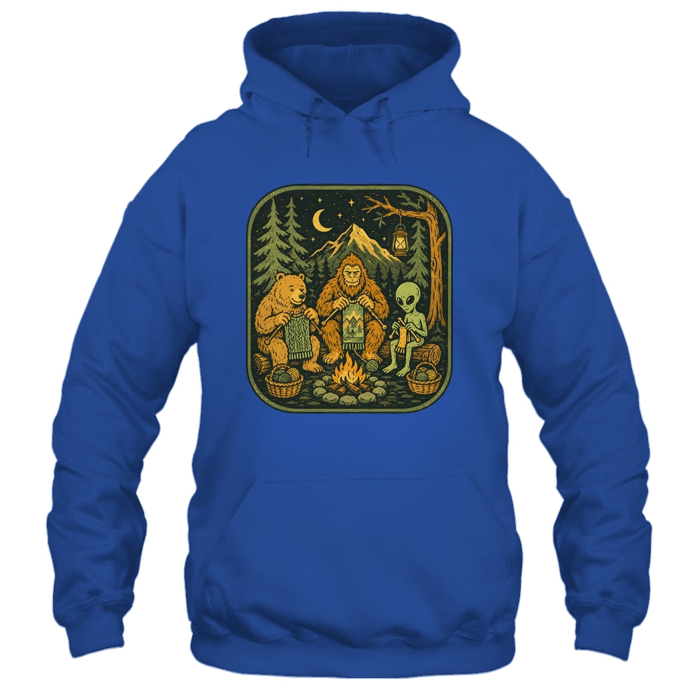 Campfire Knitting Friends Camping Retro Bigfoot Alien Bear Shirt & Hoodie | teecentury