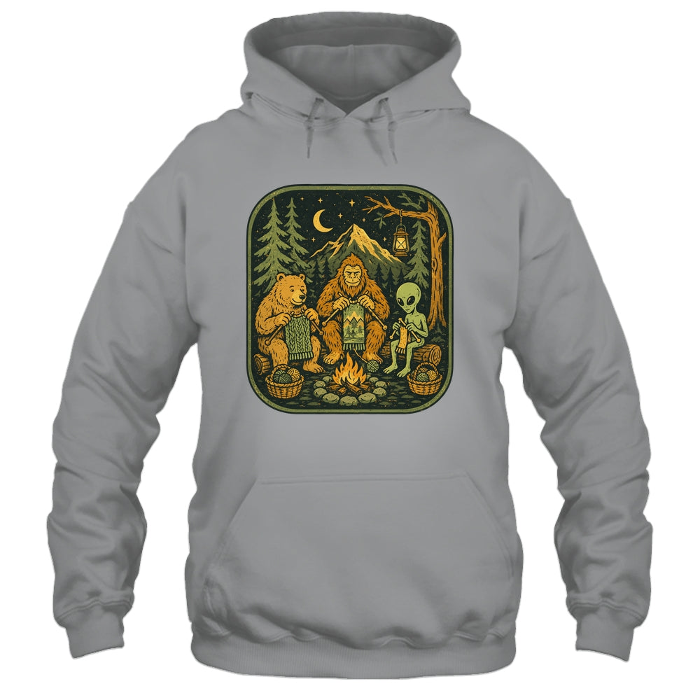 Campfire Knitting Friends Camping Retro Bigfoot Alien Bear Shirt & Hoodie | teecentury