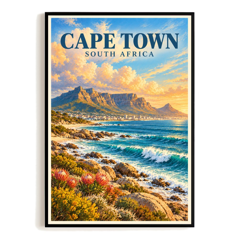 Cape Town South Africa Table Mountain Travel Poster Vintage Coastal City Wall Art Print Waterfront Landscape Decor For Home Living Room Office Bedroom Gift Unframed | teecentury