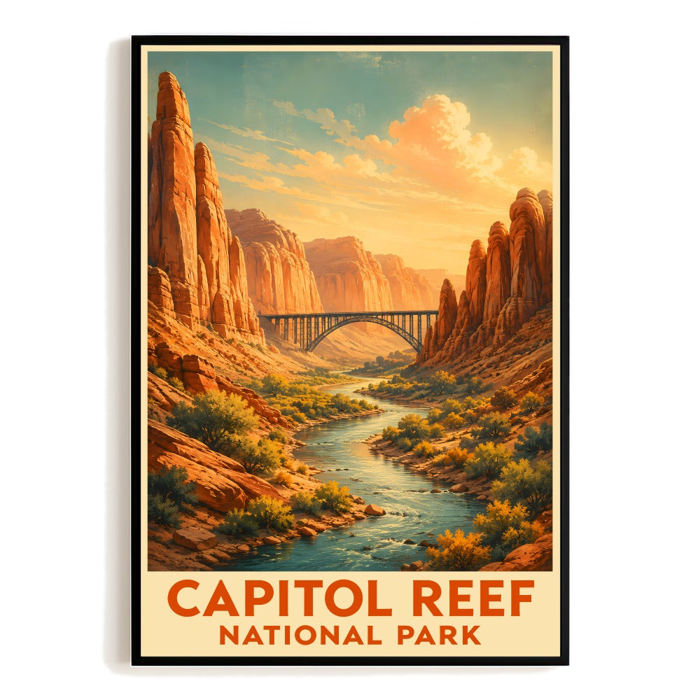 Capitol Reef National Park Travel Poster Vintage Red Rock Canyon River Bridge Landscape Souvenir Gift Utah Adventure Picture Ideal For Home Bedroom Decor Unframed | teecentury
