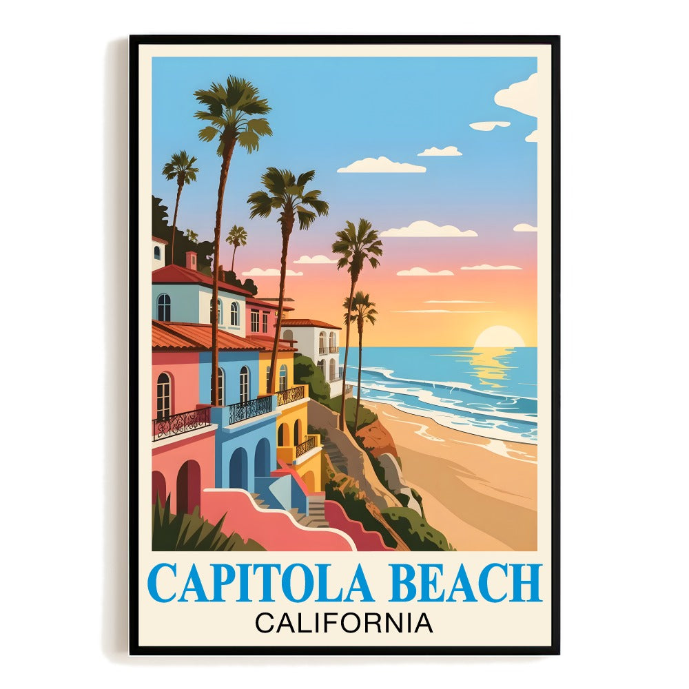 Capitola Beach California Vintage Travel Poster Coastal Homes Palm Trees Sunset Wall Art Landscape Print Ideal For Home Office Living Room Bedroom Decor Unframed | teecentury