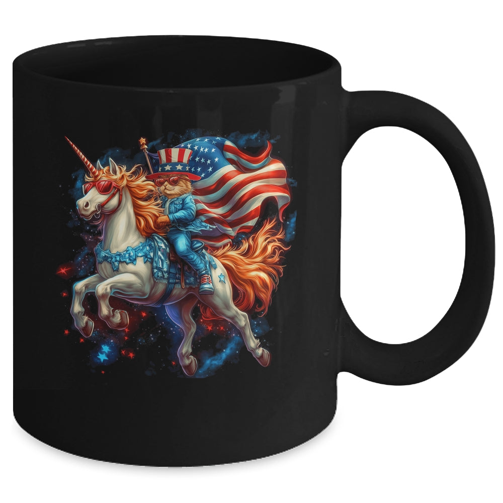 Cat Riding Unicorn USA Flag Patriotic 4th Of July Women Girl Mug | teecentury