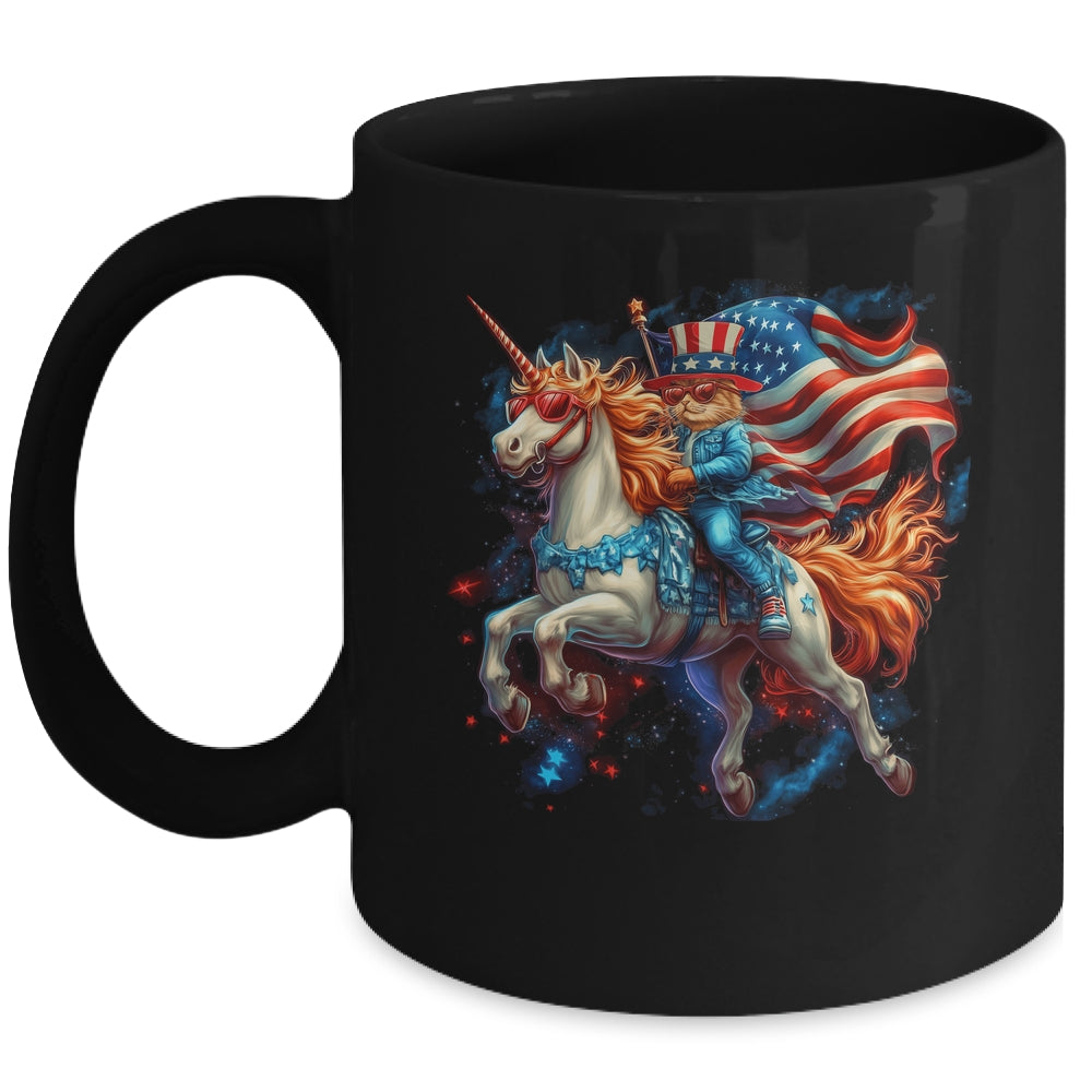 Cat Riding Unicorn USA Flag Patriotic 4th Of July Women Girl Mug | teecentury