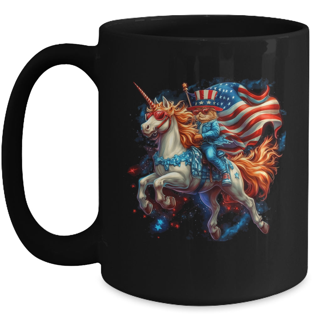 Cat Riding Unicorn USA Flag Patriotic 4th Of July Women Girl Mug | teecentury