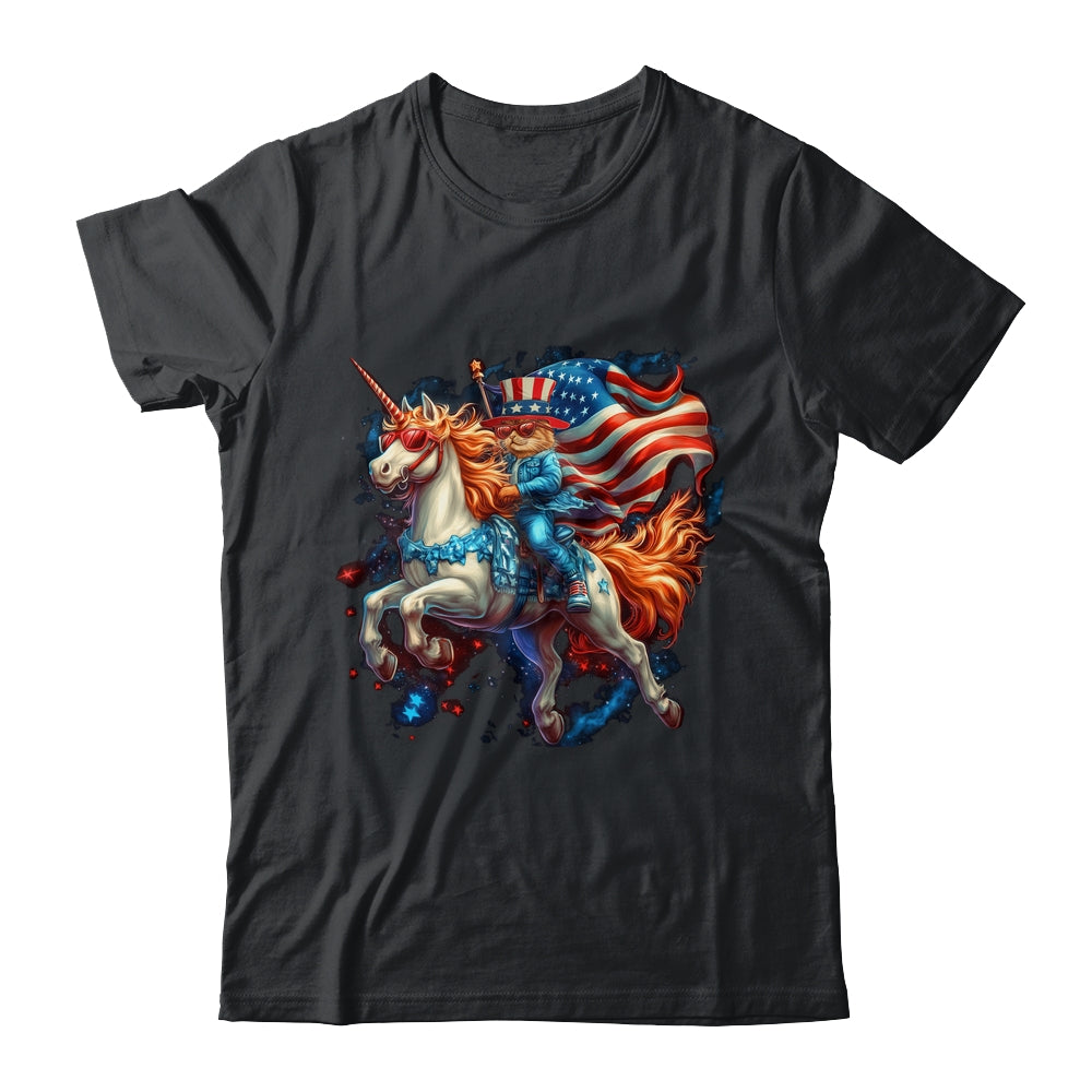 Cat Riding Unicorn USA Flag Patriotic 4th Of July Women Girl Shirt & Tank Top | teecentury