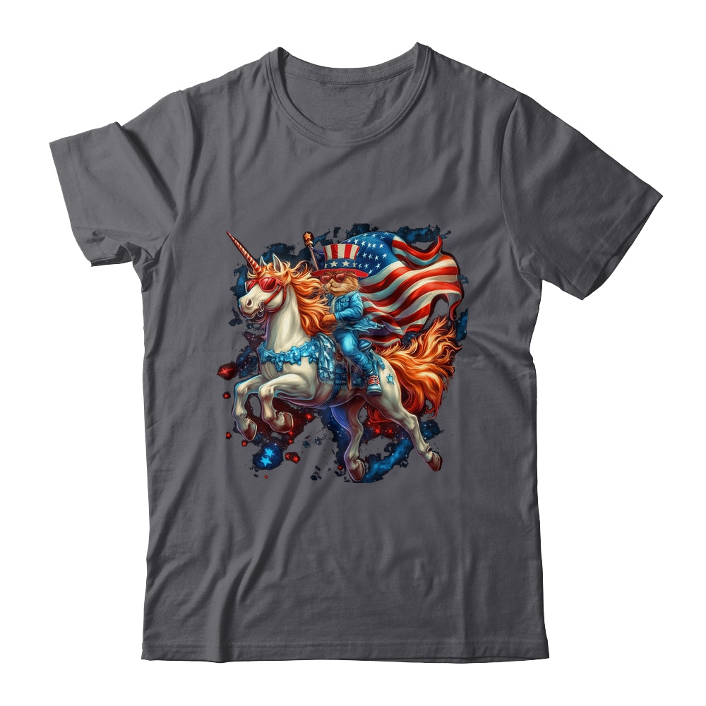 Cat Riding Unicorn USA Flag Patriotic 4th Of July Women Girl Shirt & Tank Top | teecentury
