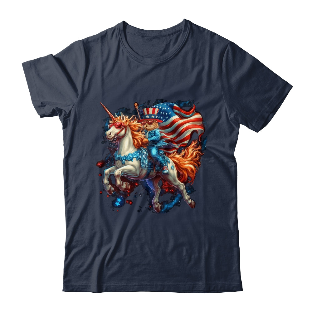 Cat Riding Unicorn USA Flag Patriotic 4th Of July Women Girl Shirt & Tank Top | teecentury