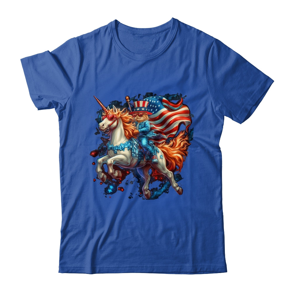 Cat Riding Unicorn USA Flag Patriotic 4th Of July Women Girl Shirt & Tank Top | teecentury