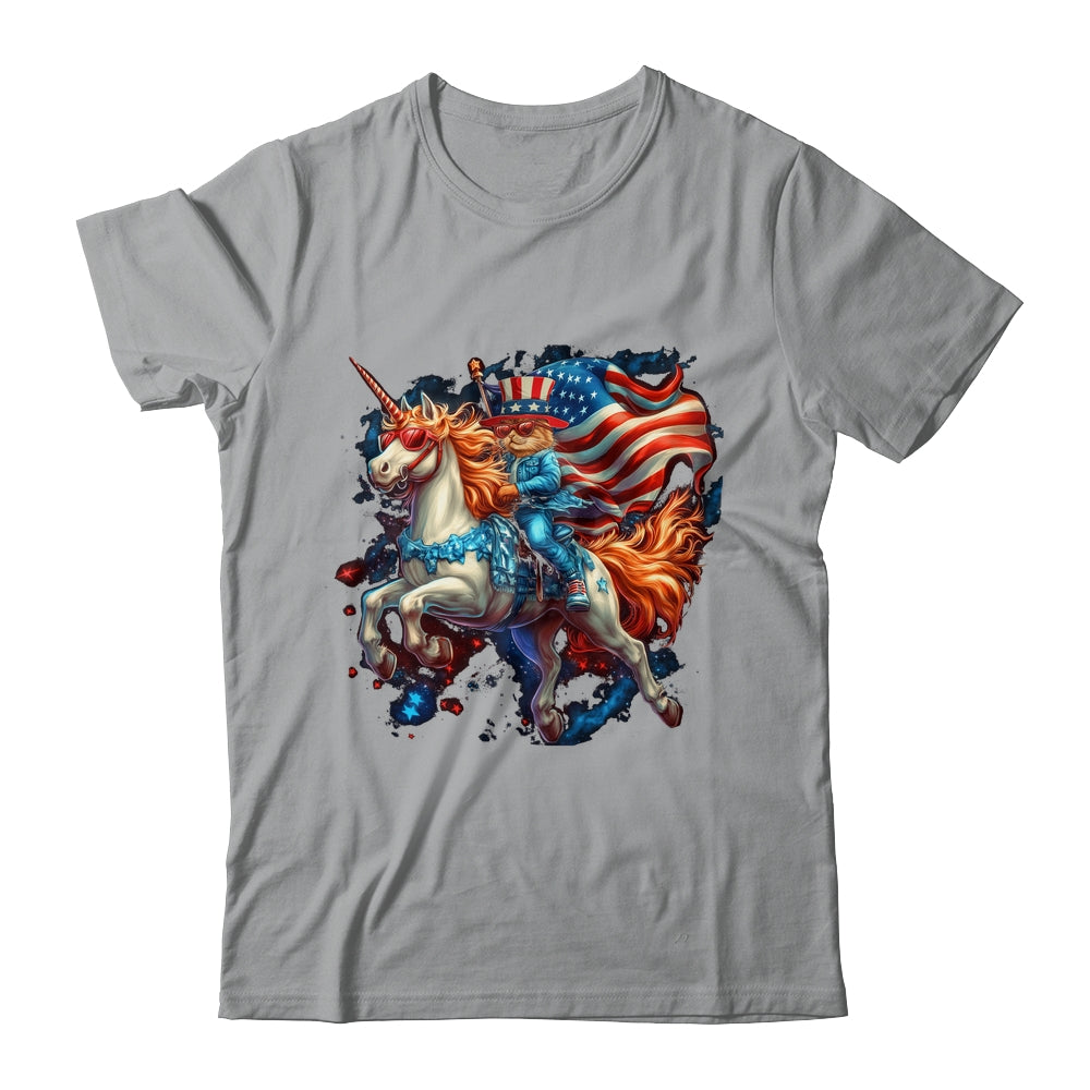 Cat Riding Unicorn USA Flag Patriotic 4th Of July Women Girl Shirt & Tank Top | teecentury