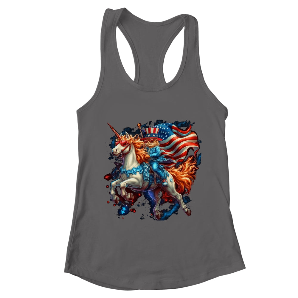Cat Riding Unicorn USA Flag Patriotic 4th Of July Women Girl Shirt & Tank Top | teecentury
