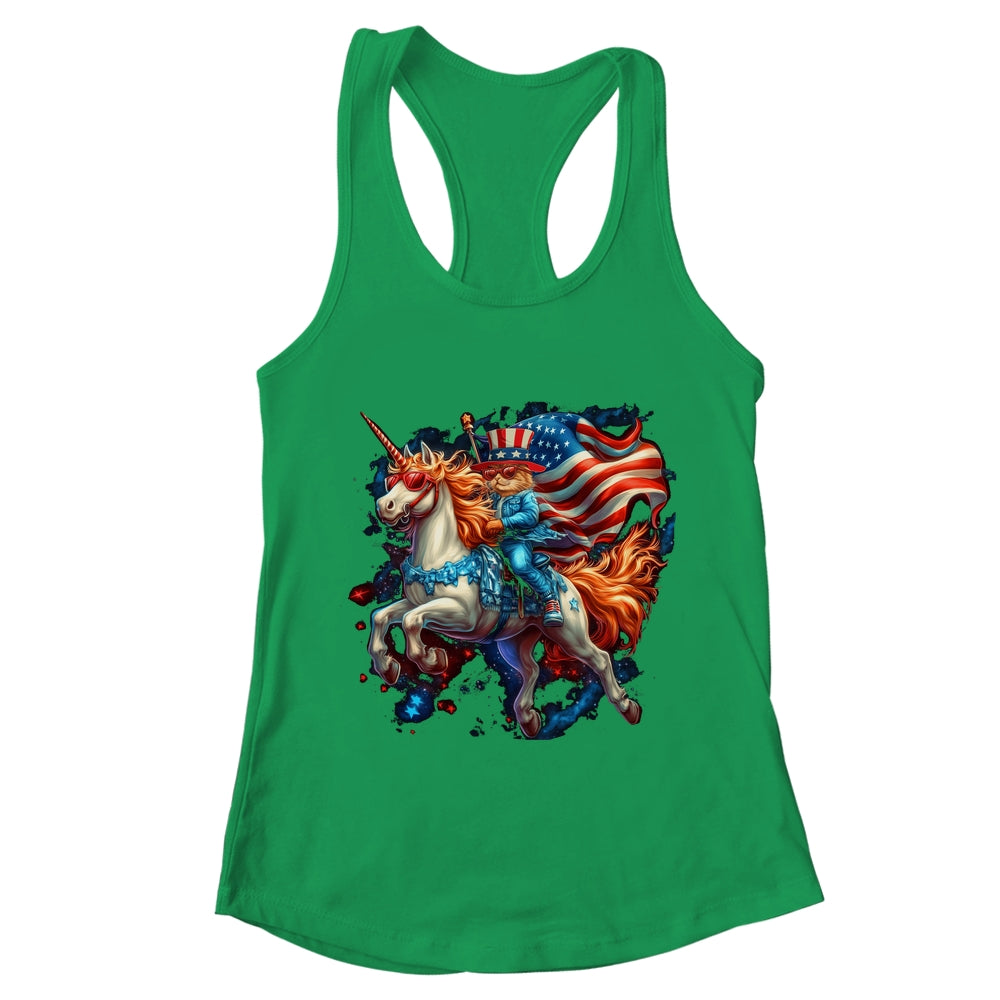 Cat Riding Unicorn USA Flag Patriotic 4th Of July Women Girl Shirt & Tank Top | teecentury