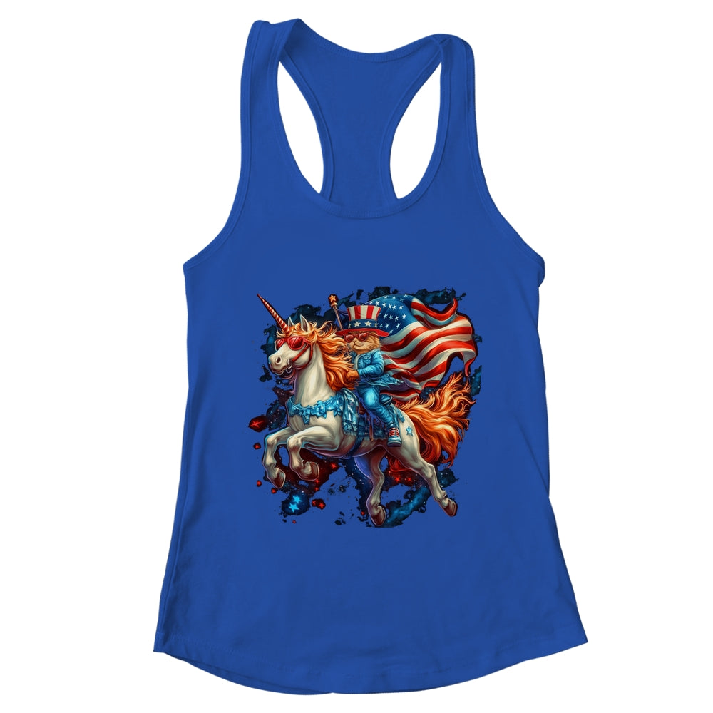 Cat Riding Unicorn USA Flag Patriotic 4th Of July Women Girl Shirt & Tank Top | teecentury
