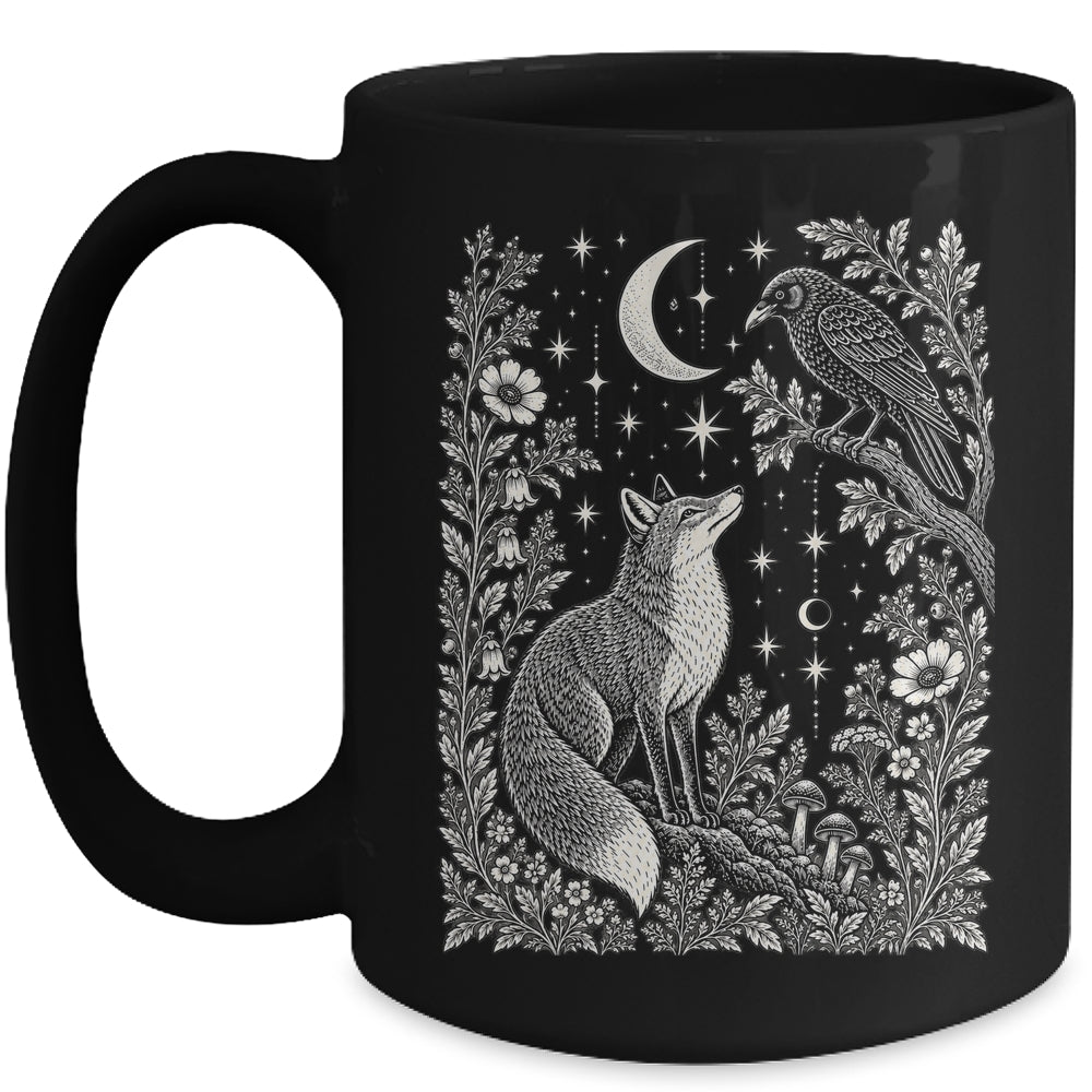 Celestial Floral Fox Crow Moon Astrology Wildlife Nature Mug | teecentury