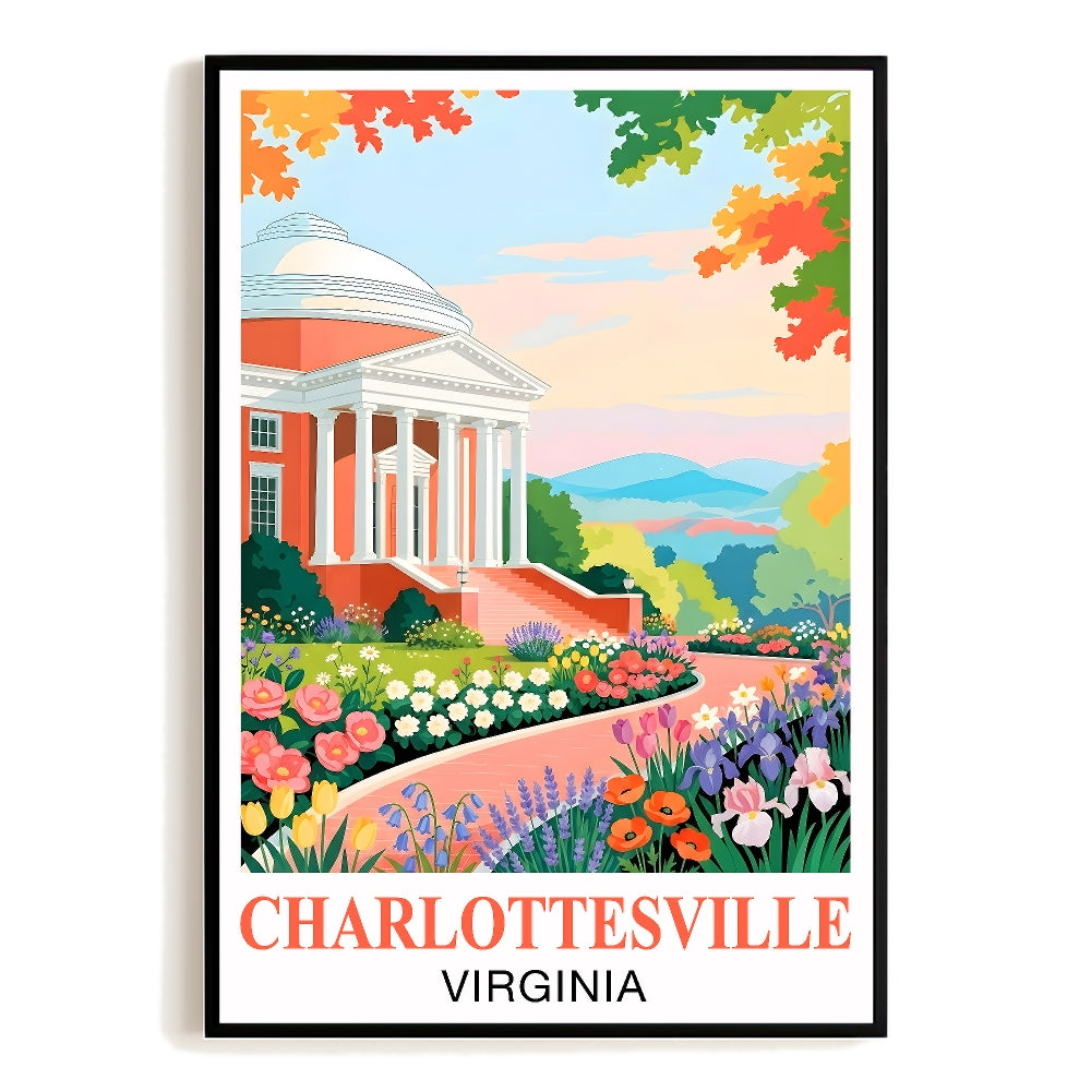 Charlottesville Virginia Travel Poster Retro Souvenir Wall Art Green Pink Orange Landscape Print Painting Ideal For Home Office Living Room Bedroom Decor Unframed | teecentury