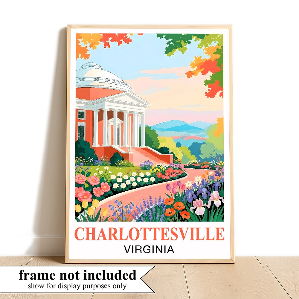 Charlottesville Virginia Travel Poster Retro Souvenir Wall Art Green Pink Orange Landscape Print Painting Ideal For Home Office Living Room Bedroom Decor Unframed | teecentury