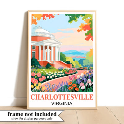 Charlottesville Virginia Travel Poster Retro Souvenir Wall Art Green Pink Orange Landscape Print Painting Ideal For Home Office Living Room Bedroom Decor Unframed | teecentury