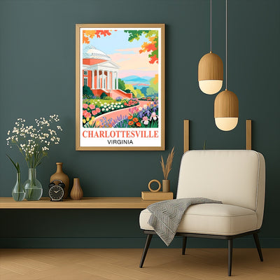 Charlottesville Virginia Travel Poster Retro Souvenir Wall Art Green Pink Orange Landscape Print Painting Ideal For Home Office Living Room Bedroom Decor Unframed | teecentury