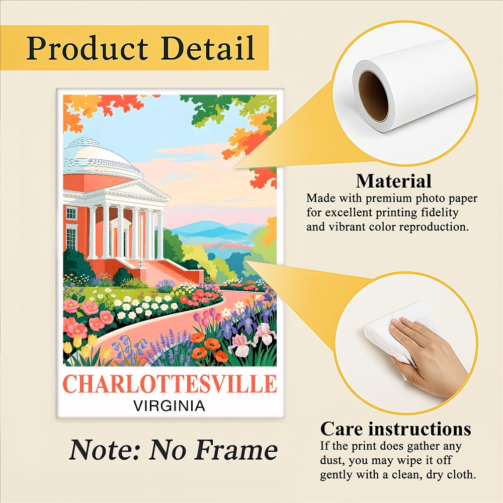 Charlottesville Virginia Travel Poster Retro Souvenir Wall Art Green Pink Orange Landscape Print Painting Ideal For Home Office Living Room Bedroom Decor Unframed | teecentury