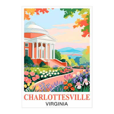Charlottesville Virginia Travel Poster Retro Souvenir Wall Art Green Pink Orange Landscape Print Painting Ideal For Home Office Living Room Bedroom Decor Unframed | teecentury
