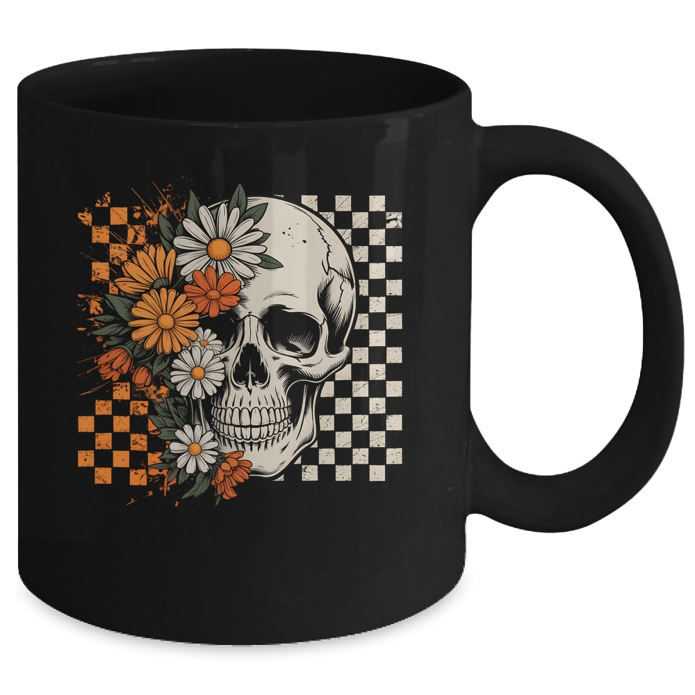 Checkered Boho Floral Skull Halloween Women Spooky Season Mug | teecentury