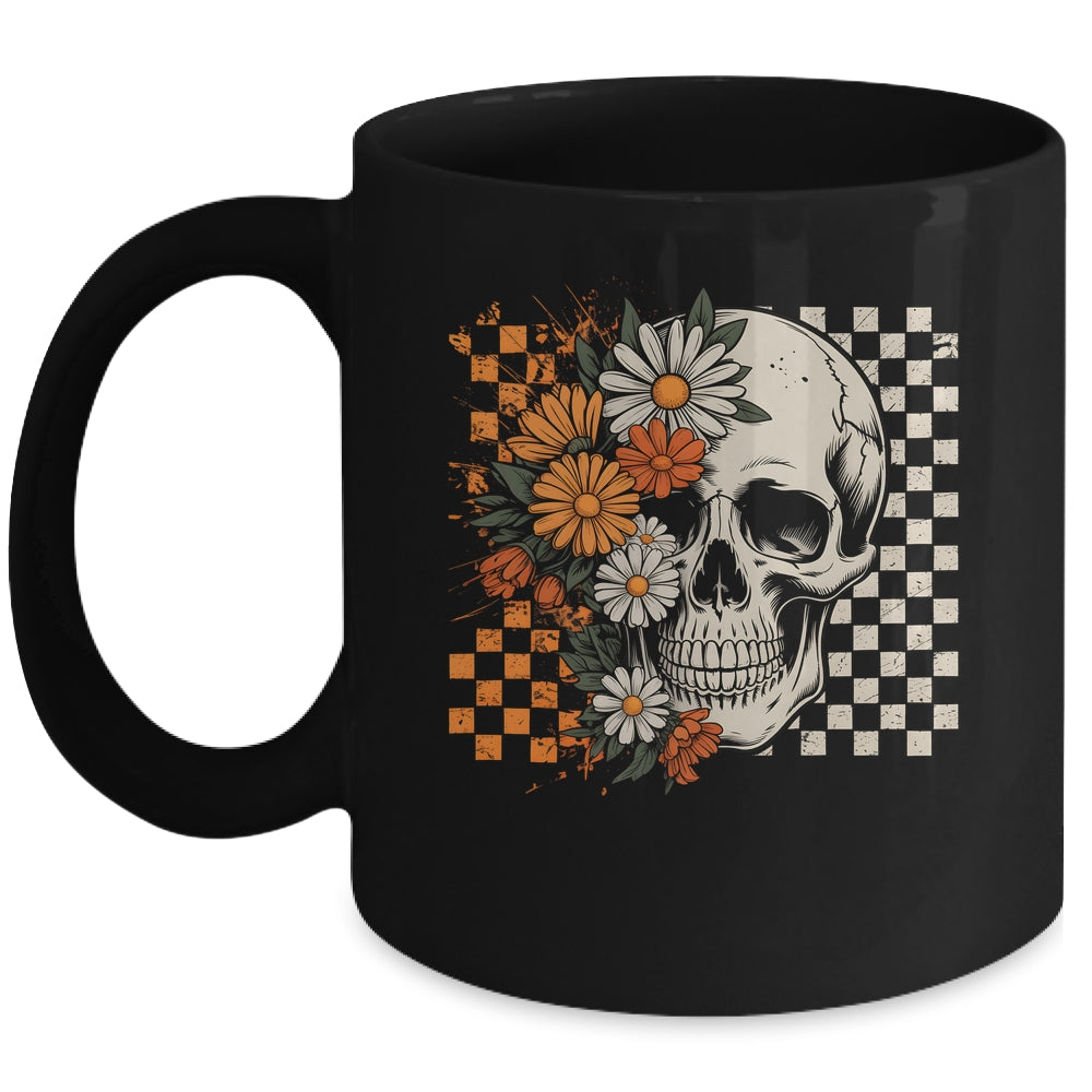 Checkered Boho Floral Skull Halloween Women Spooky Season Mug | teecentury