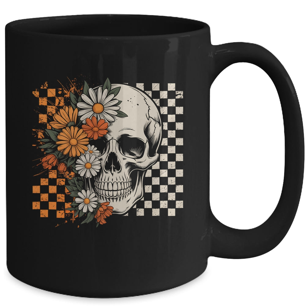 Checkered Boho Floral Skull Halloween Women Spooky Season Mug | teecentury