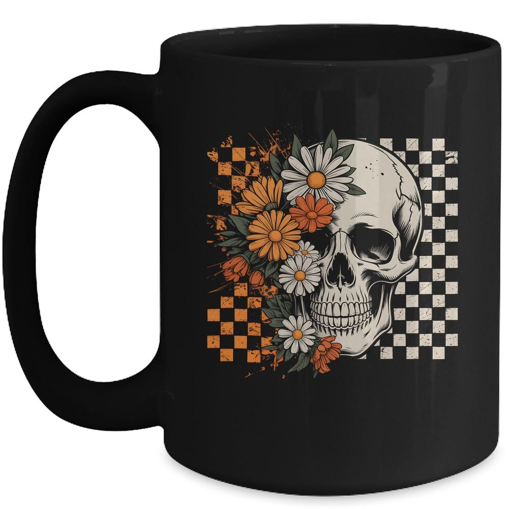 Checkered Boho Floral Skull Halloween Women Spooky Season Mug | teecentury