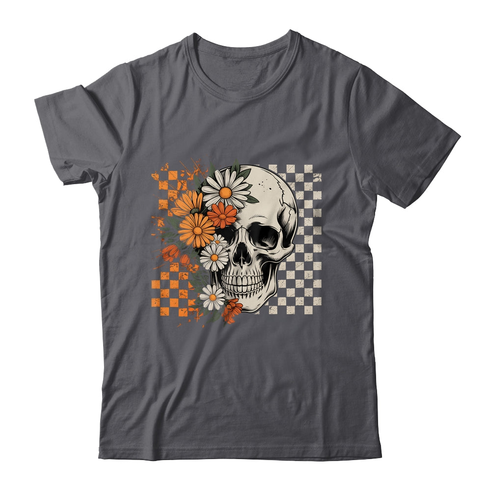 Checkered Boho Floral Skull Halloween Women Spooky Season Shirt & Hoodie | teecentury