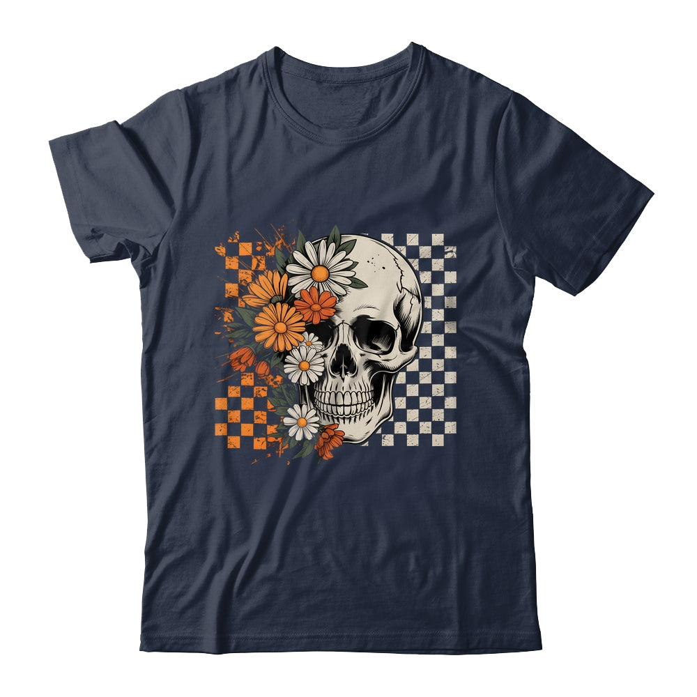 Checkered Boho Floral Skull Halloween Women Spooky Season Shirt & Hoodie | teecentury