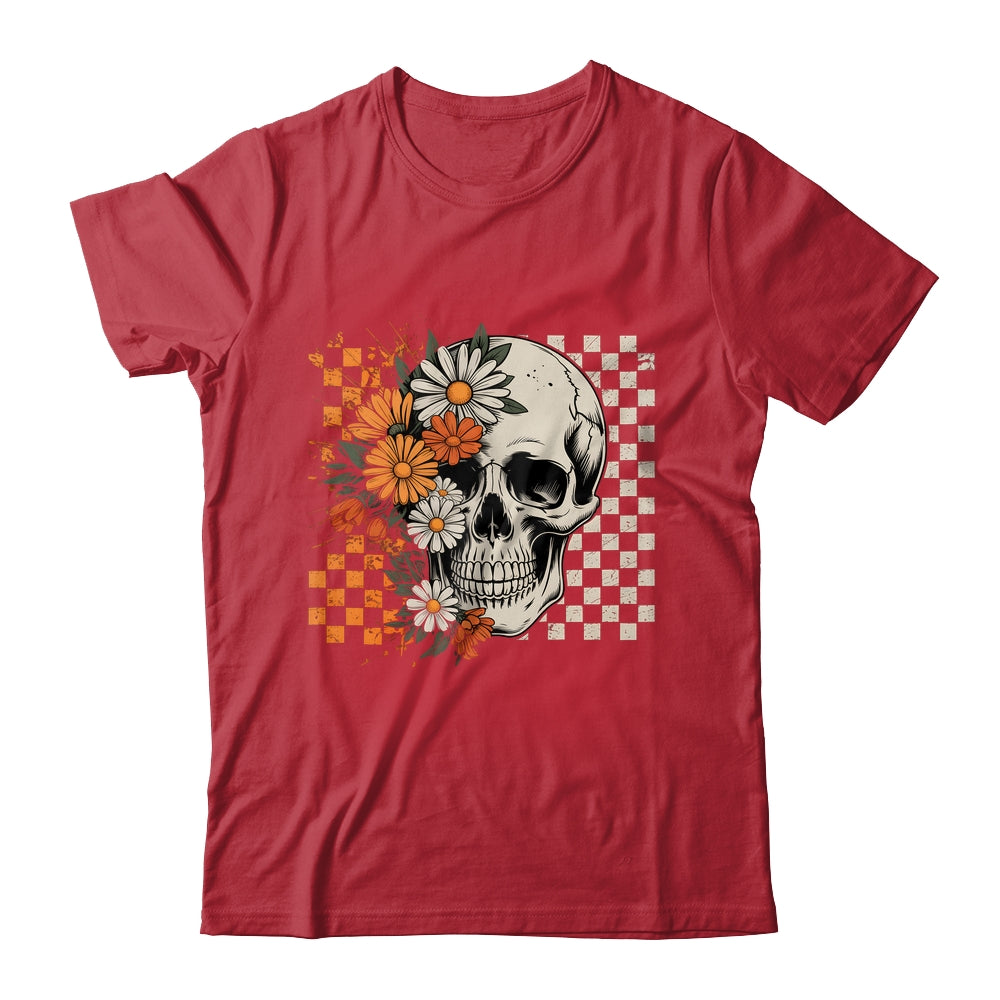 Checkered Boho Floral Skull Halloween Women Spooky Season Shirt & Hoodie | teecentury