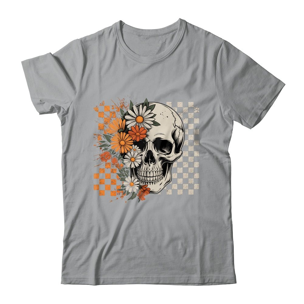 Checkered Boho Floral Skull Halloween Women Spooky Season Shirt & Hoodie | teecentury