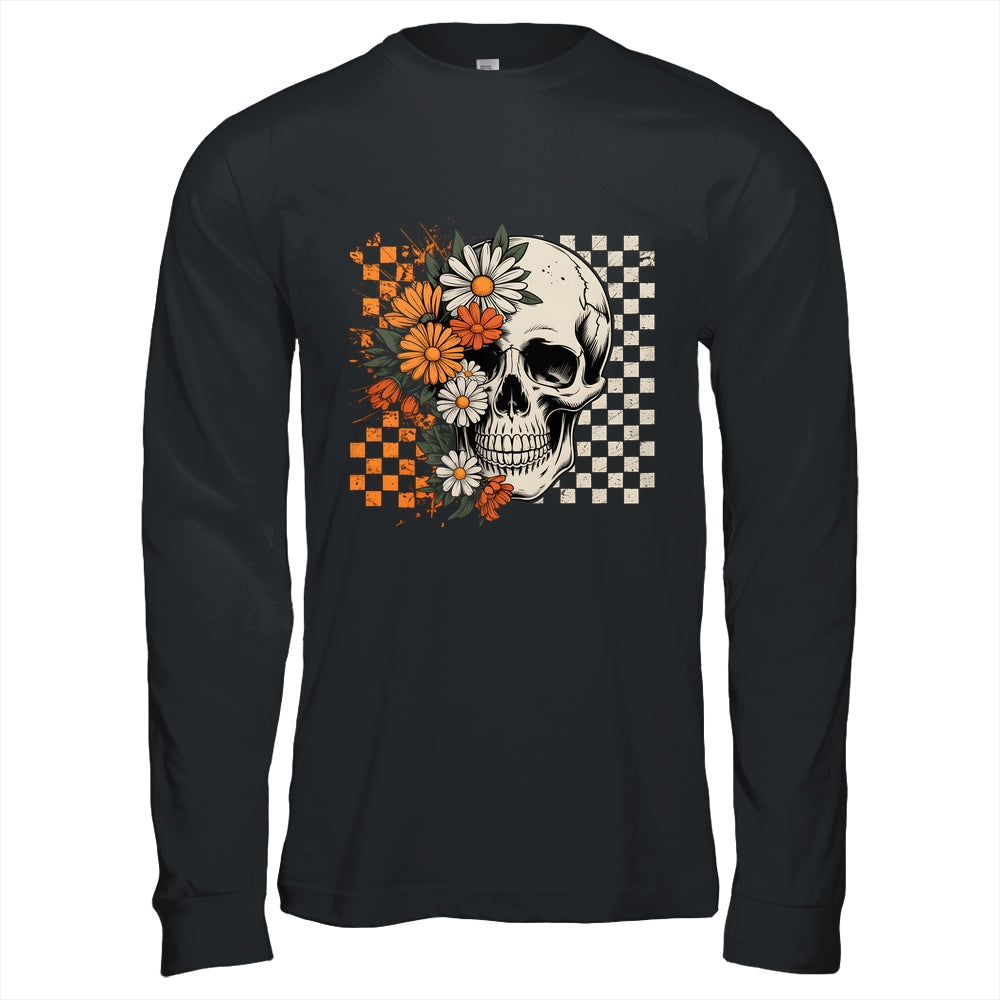 Checkered Boho Floral Skull Halloween Women Spooky Season Shirt & Hoodie | teecentury