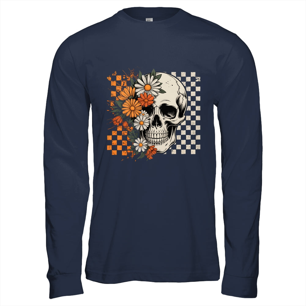 Checkered Boho Floral Skull Halloween Women Spooky Season Shirt & Hoodie | teecentury