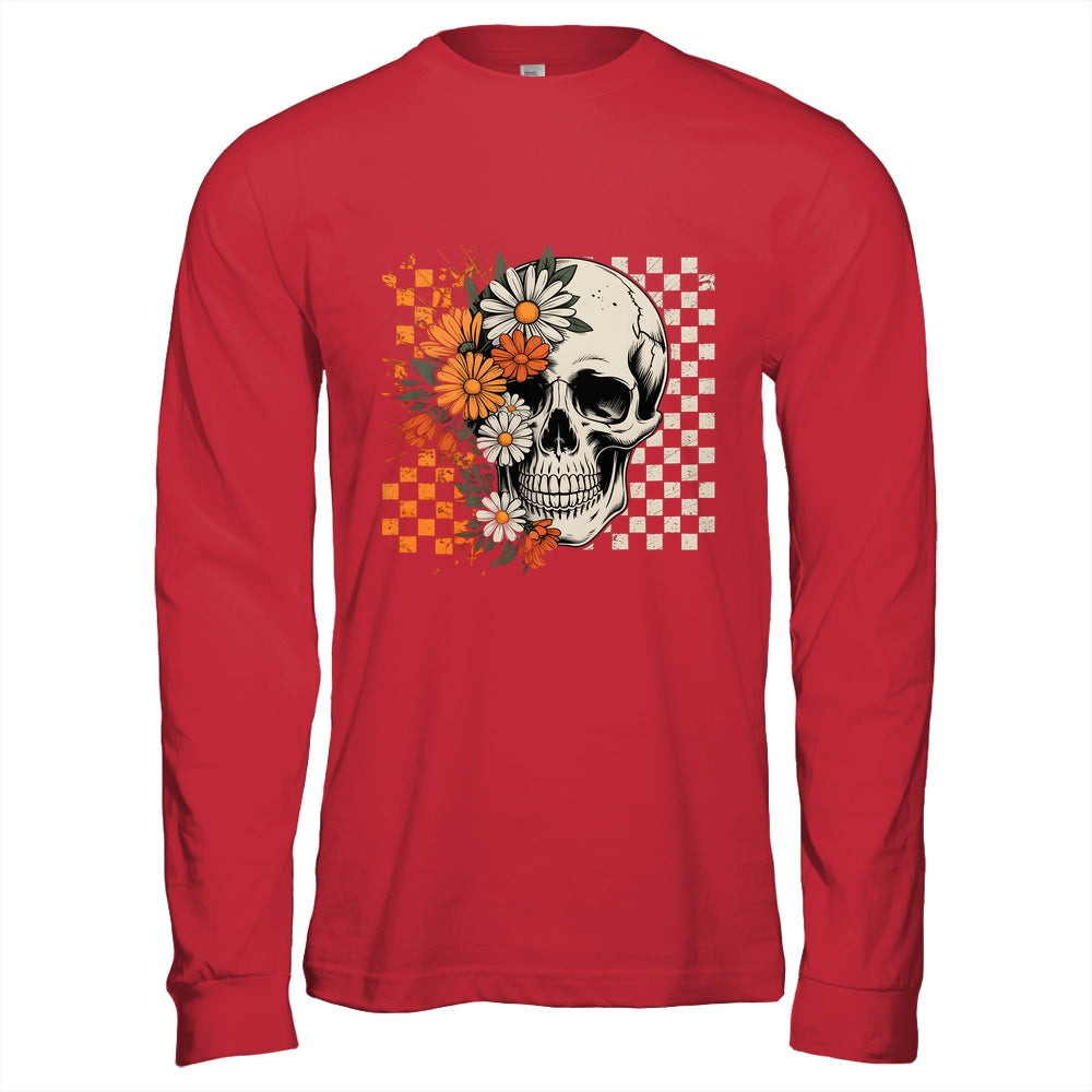 Checkered Boho Floral Skull Halloween Women Spooky Season Shirt & Hoodie | teecentury
