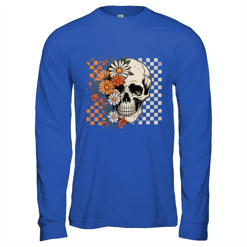 Checkered Boho Floral Skull Halloween Women Spooky Season Shirt & Hoodie | teecentury
