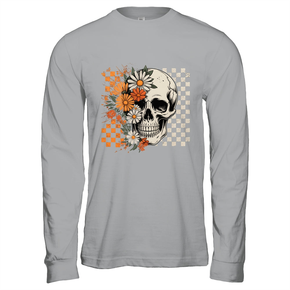 Checkered Boho Floral Skull Halloween Women Spooky Season Shirt & Hoodie | teecentury