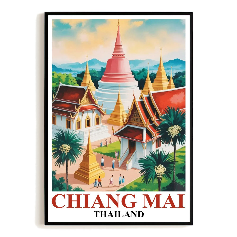 Chiang Mai Thailand Vintage Travel Poster Doi Suthep Temple Mountain Landscape Souvenir Wall Art Print Painting Ideal For Home Office Living Room Bedroom Decor Unframed | teecentury