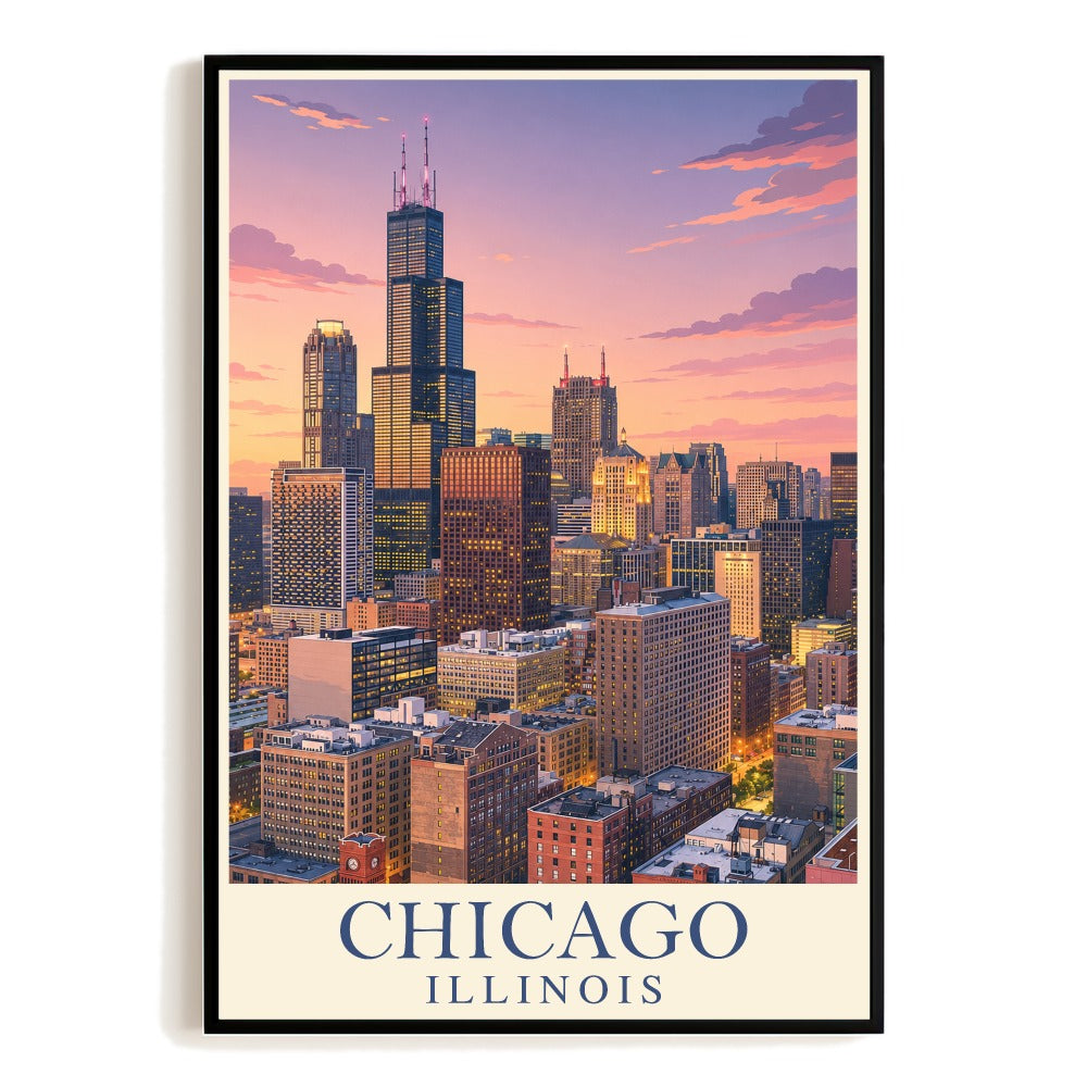 Chicago Illinois Usa Vintage Travel Poster Cityscape Skyline Modern Urban Landmark Wall Art Decor Landscape Print Souvenir For Home Living Room Office Bedroom Unframed | teecentury