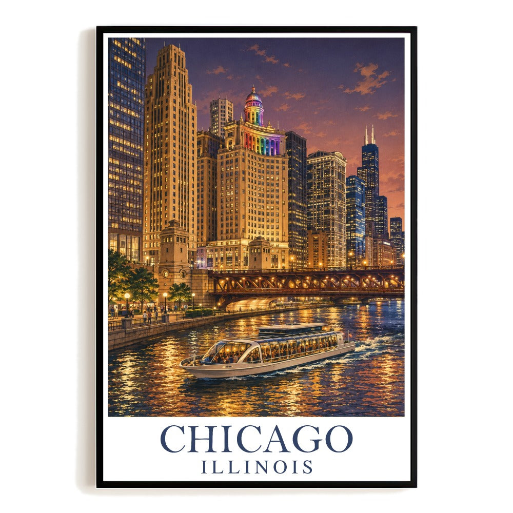 Chicago Illinois Usa Vintage Travel Poster Night Cityscape River Boat Wall Art Landscape Print Ideal For Home Office Living Room Bedroom Decor Unframed | teecentury