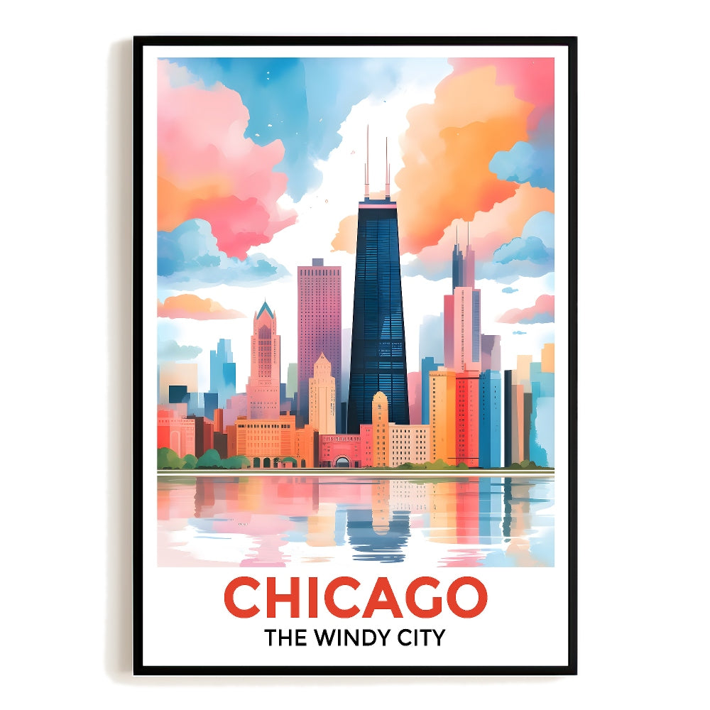 Chicago Print Travel Poster Windy City Skyline Colorful Clouds Souvenir Wall Art Landscape Painting Picture For Home Room Living Room Office Bedroom Decor Unframed | teecentury