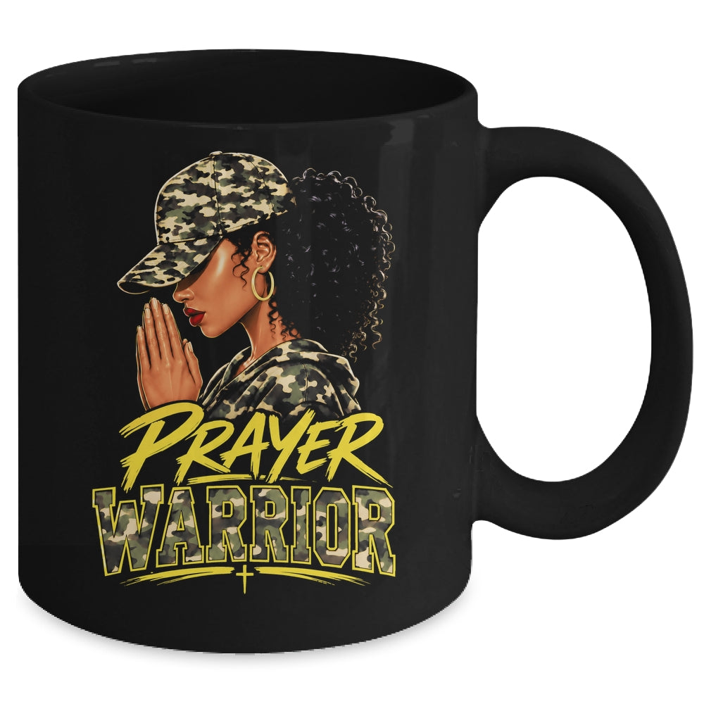 Christian Camo Prayer Warrior Afro Black Woman Faith Art Mug | teecentury