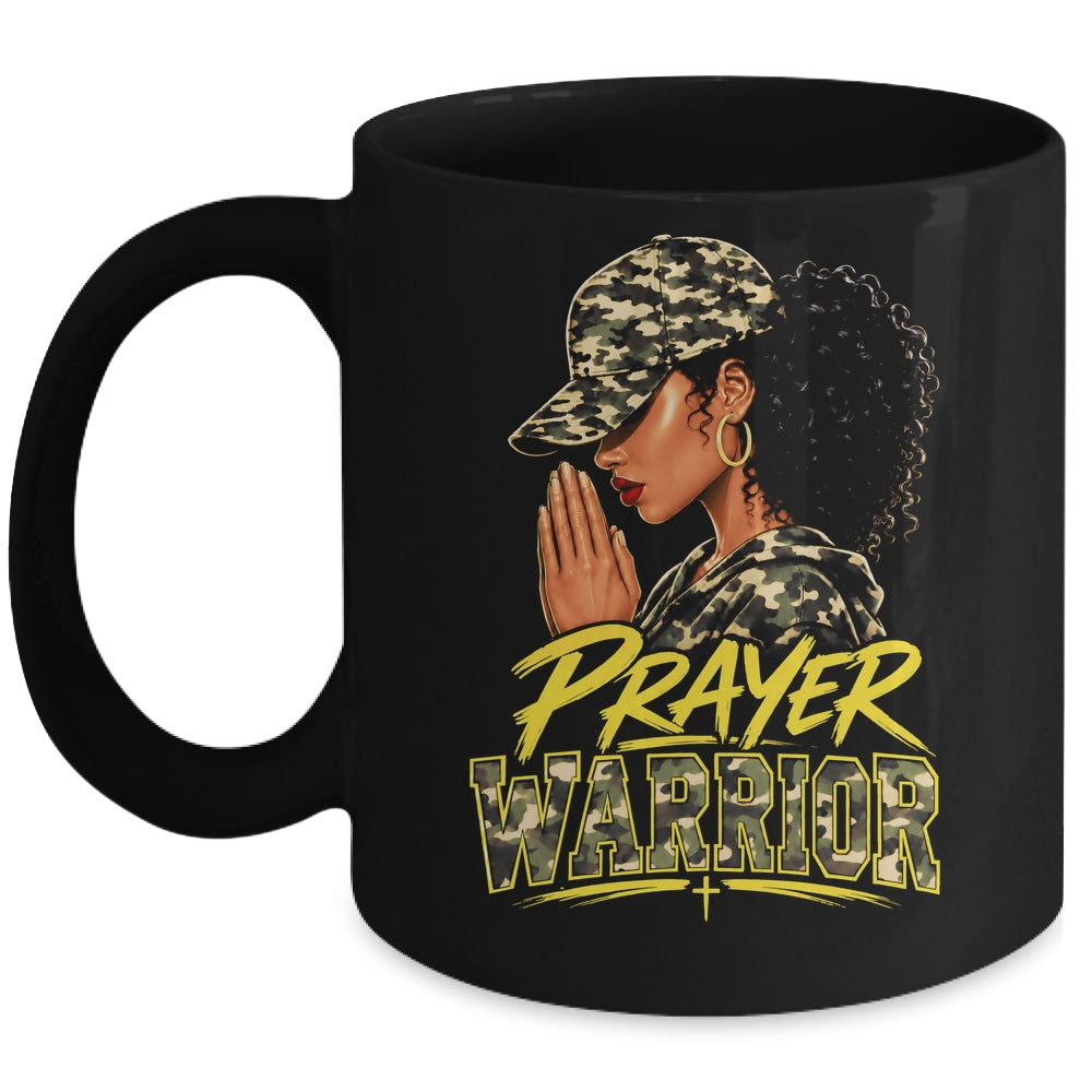 Christian Camo Prayer Warrior Afro Black Woman Faith Art Mug | teecentury