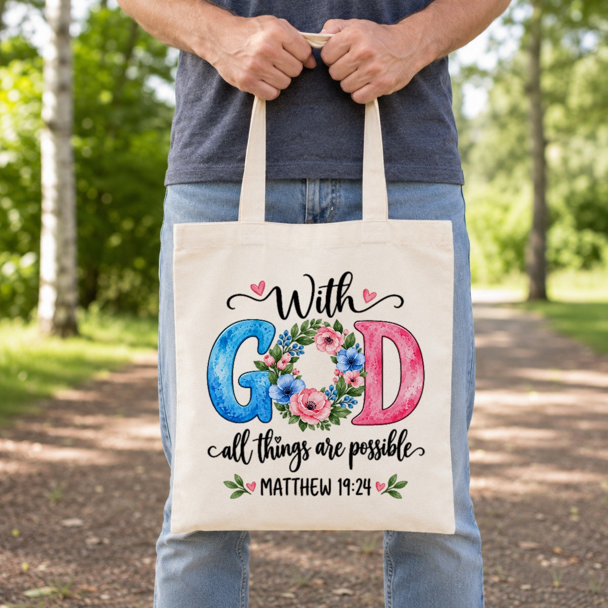 Christian Canvas Tote Bag With God All Things Are Possible Matthew 19 26 Floral Bible Verse Faith Shoulder Bag Religious Gift For Women Church Library Book Beach | teecentury