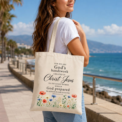 Christian Tote Bag For Women Ephesians 2 10 Gods Handiwork Created In Christ Jesus Floral Bible Verse Canvas Bag Church Faith Religious Gift Shopping Beach Travel | teecentury