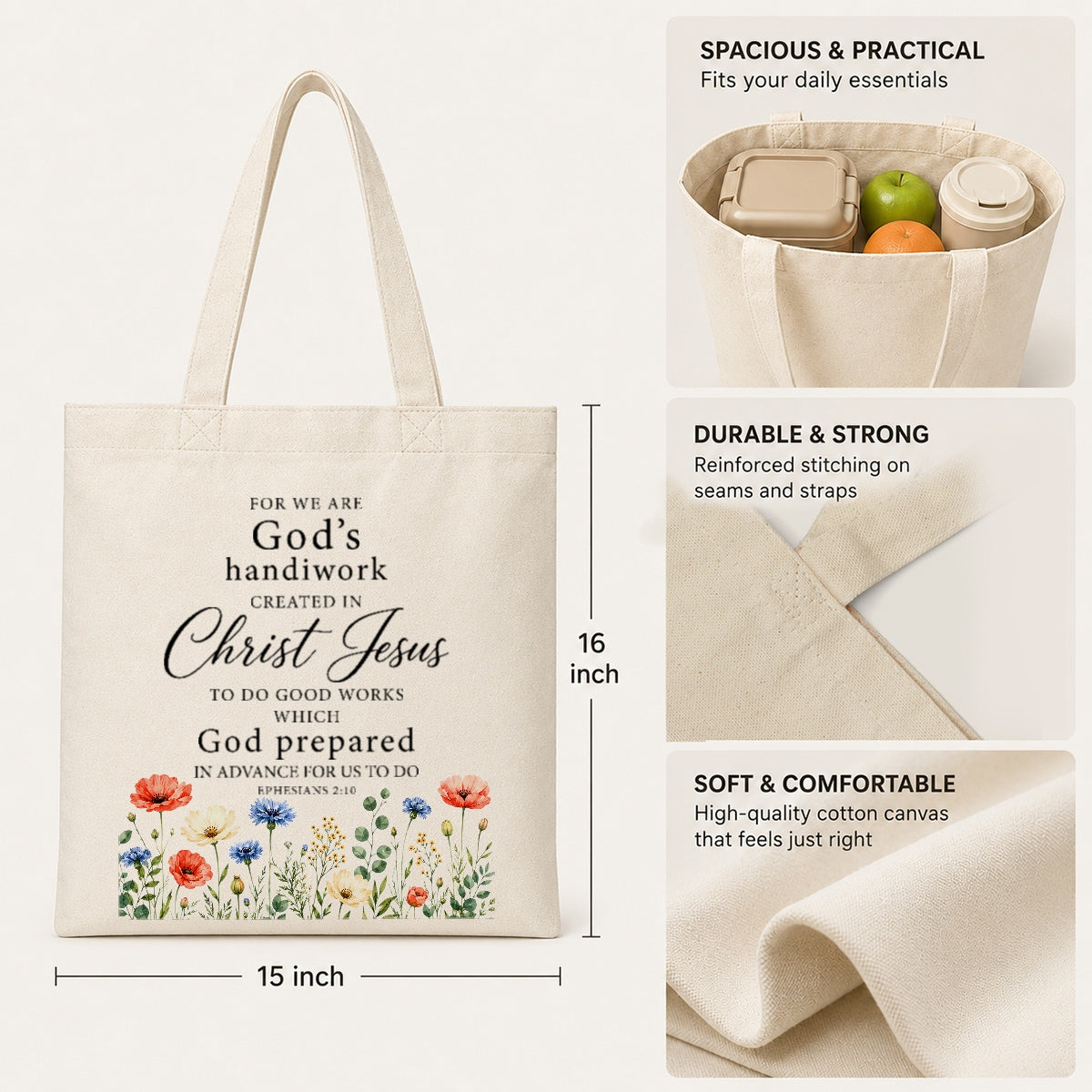 Christian Tote Bag For Women Ephesians 2 10 Gods Handiwork Created In Christ Jesus Floral Bible Verse Canvas Bag Church Faith Religious Gift Shopping Beach Travel | teecentury