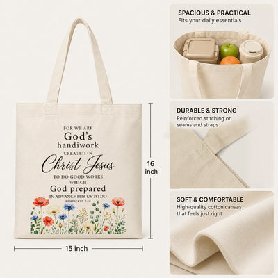 Christian Tote Bag For Women Ephesians 2 10 Gods Handiwork Created In Christ Jesus Floral Bible Verse Canvas Bag Church Faith Religious Gift Shopping Beach Travel | teecentury
