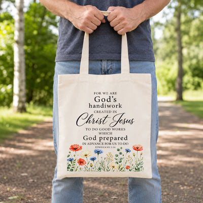 Christian Tote Bag For Women Ephesians 2 10 Gods Handiwork Created In Christ Jesus Floral Bible Verse Canvas Bag Church Faith Religious Gift Shopping Beach Travel | teecentury