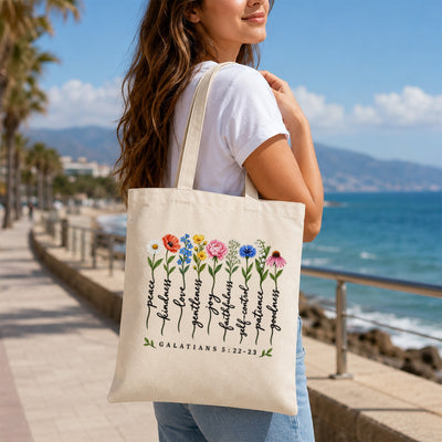 Christian Tote Bag Fruit Of The Spirit Galatians 5 22-23 Floral Bible Verse Canvas Shoulder Bag For Women Faith Inspired Church Aesthetic Floral Gift Ideal Mom | teecentury