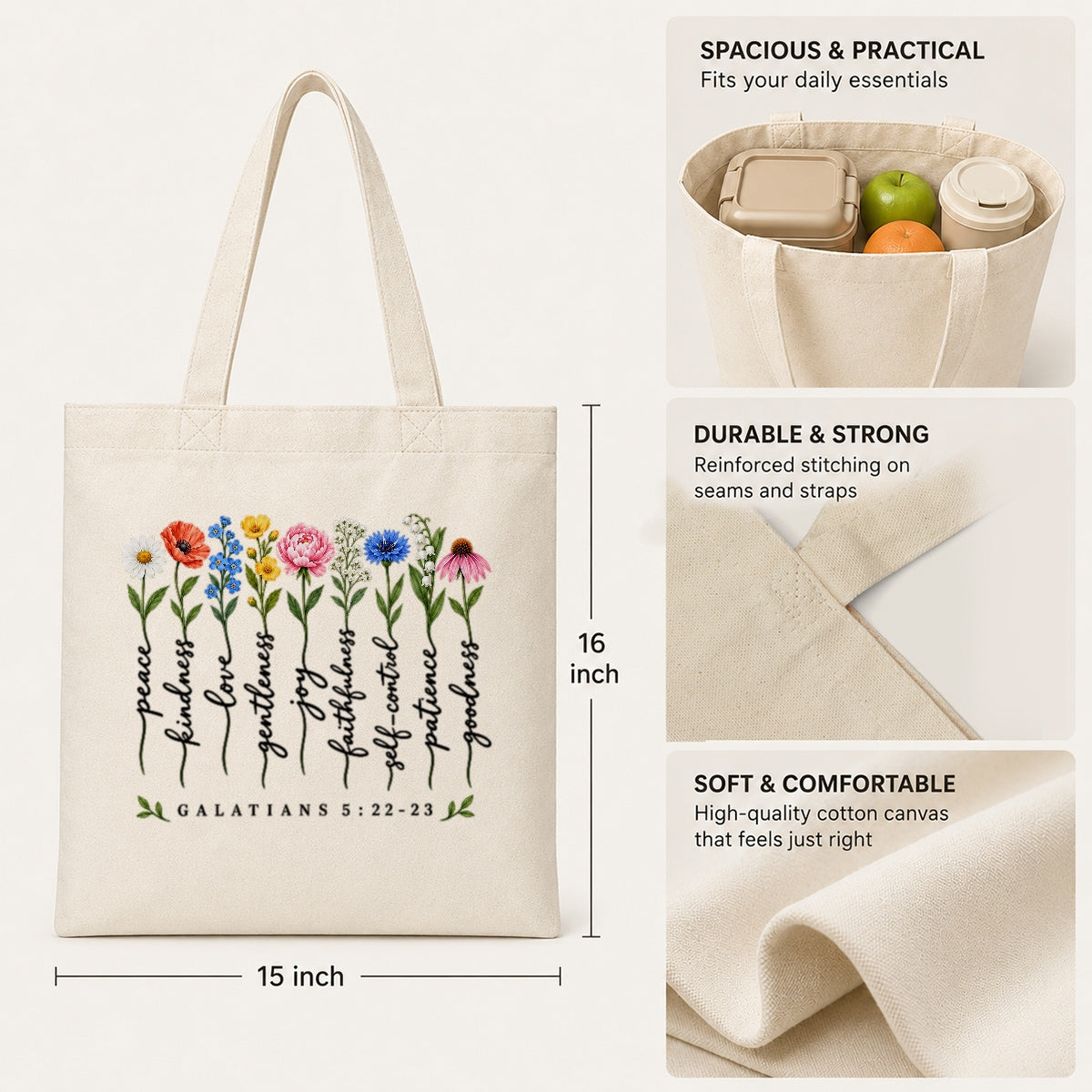 Christian Tote Bag Fruit Of The Spirit Galatians 5 22-23 Floral Bible Verse Canvas Shoulder Bag For Women Faith Inspired Church Aesthetic Floral Gift Ideal Mom | teecentury